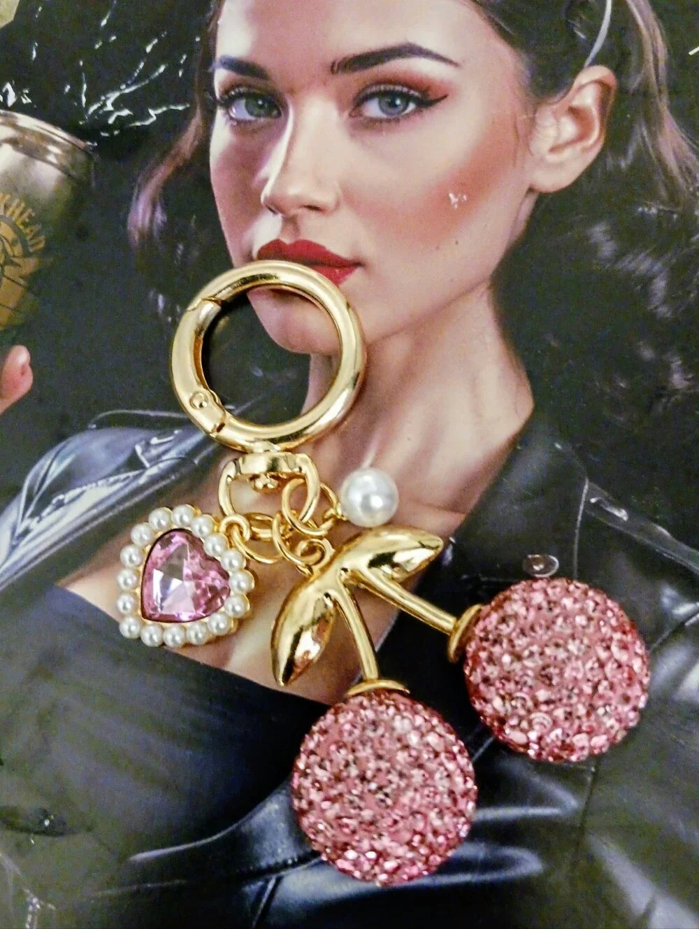Pink  Cherry Keychain with Heart Charm